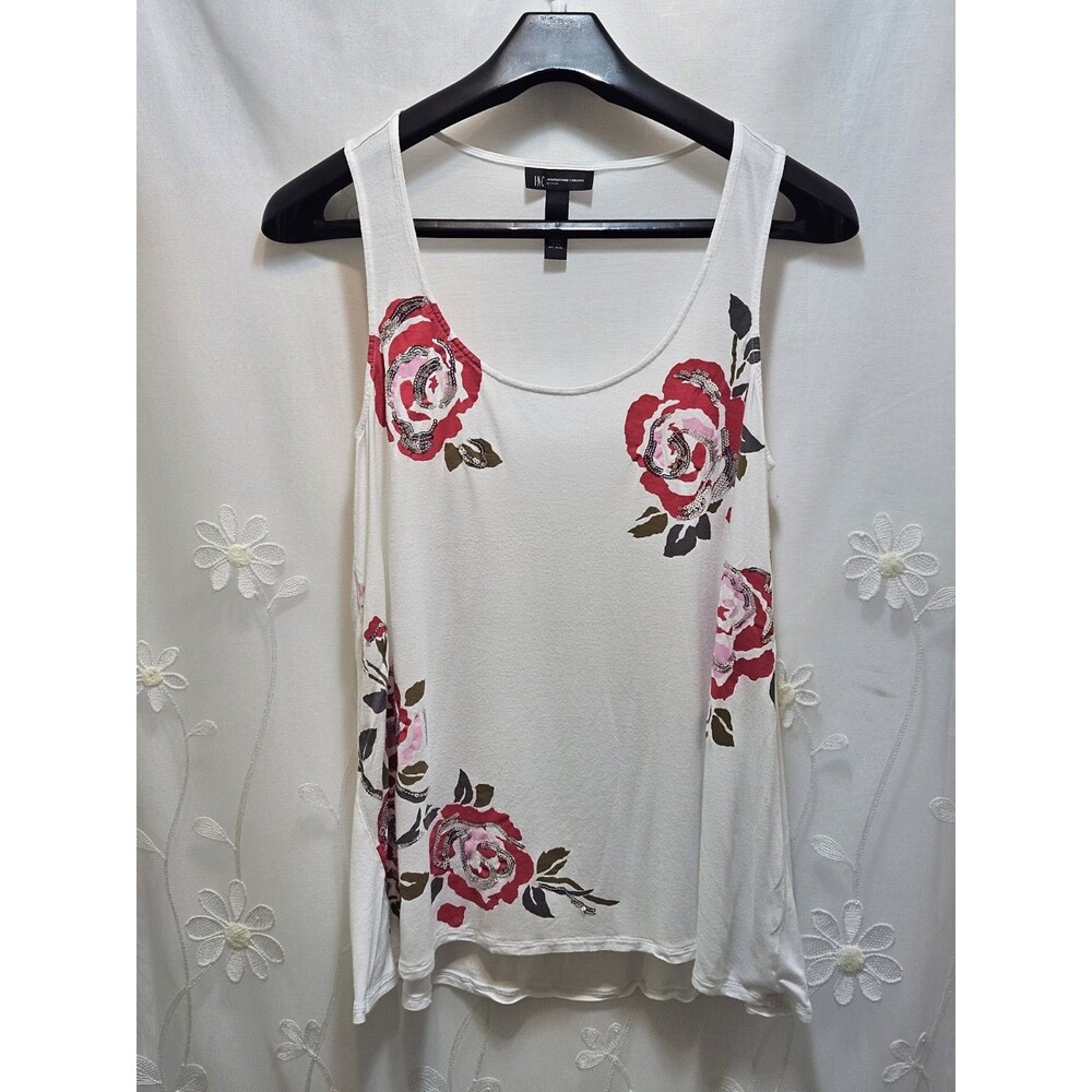 International Concept Womens 1X White Tank Top Rose Sequin Floral Botanical Cute